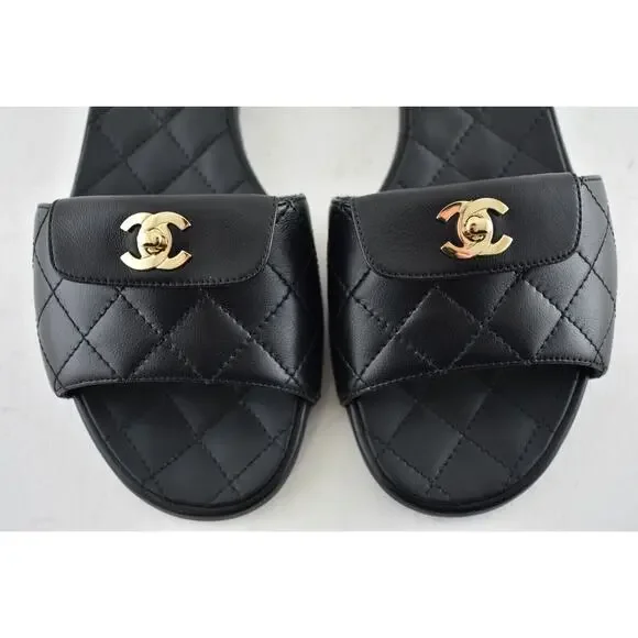 Chanel REV Black Turnlock Quilted Gold CC Logo Mules Slide Sandal Flop Flat 37 - Picture 7 of 12